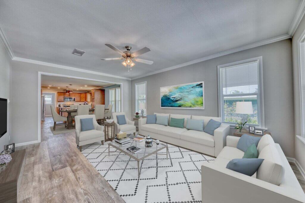 Spacious living room, awaiting residents of Bayside Waters active senior manufactured home community near Tampa Bay