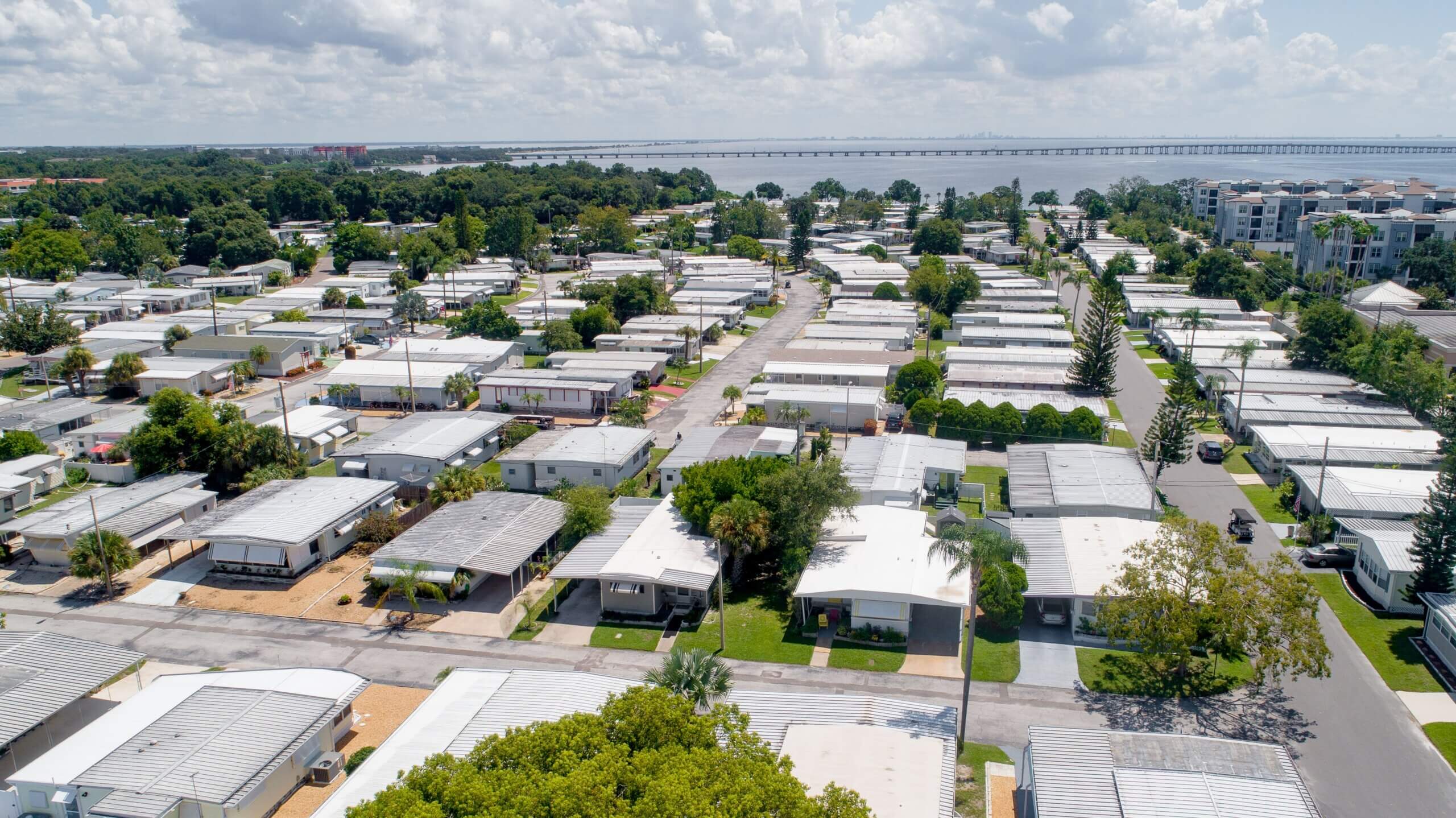 Aerial view of Bayside Waters manufactured home community, in Clewarwater Florida
