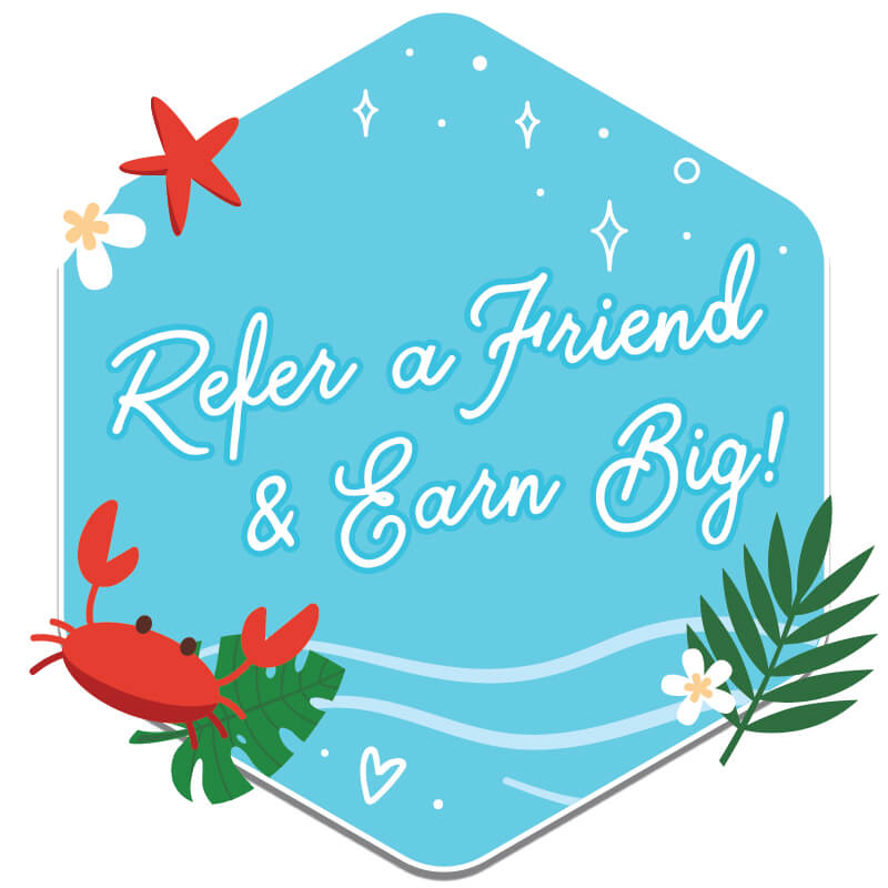 Bayside Waters blue tropical-style sign with crab and flowers reading Refer a Friend & Earn Big in Clearwater, FL